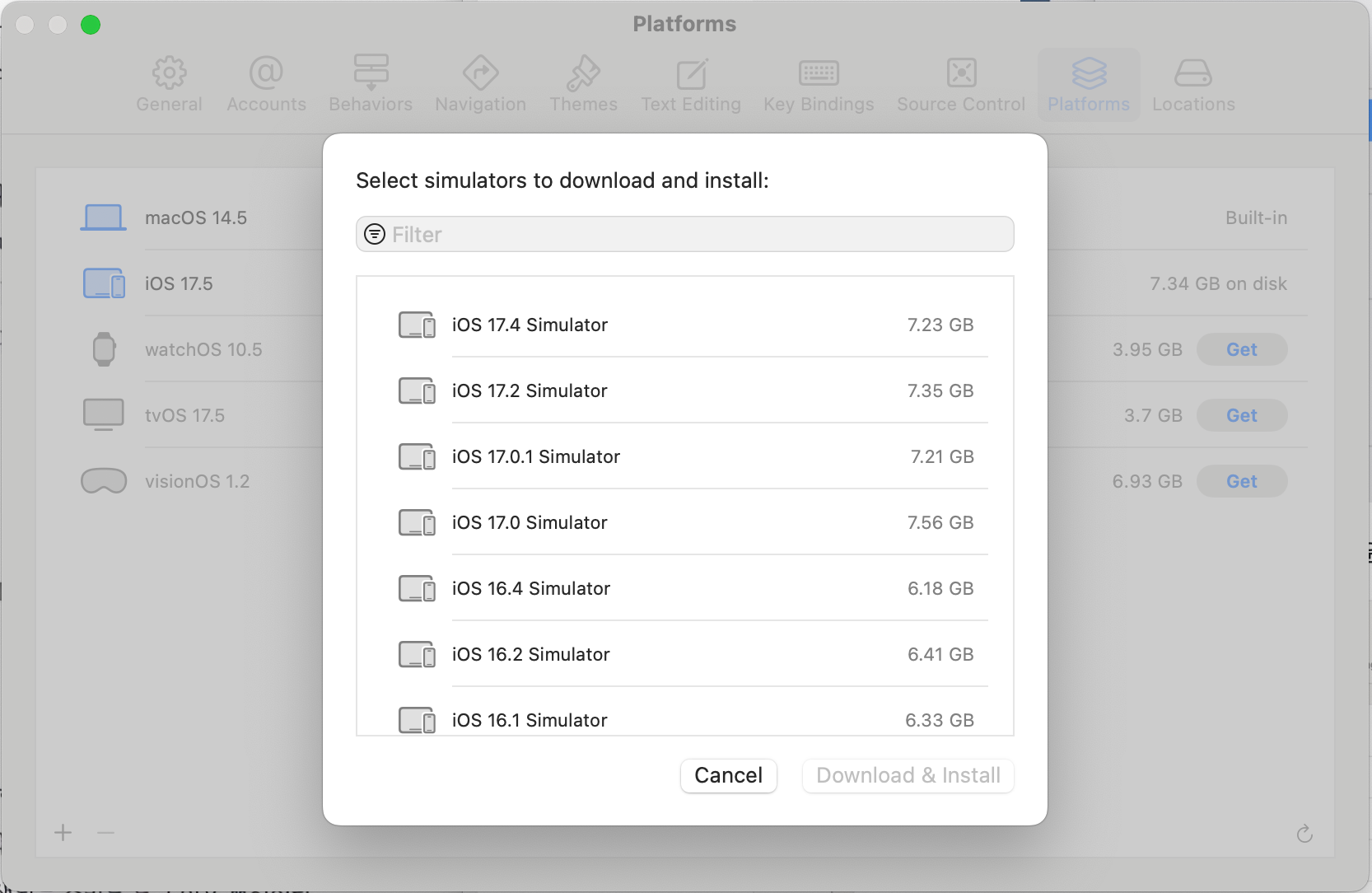 (L) Xcode 메뉴 내 Settings, (C) Xcode Settings의 Platform 탭 좌측 하단, (R) 다양한 iOS 버전